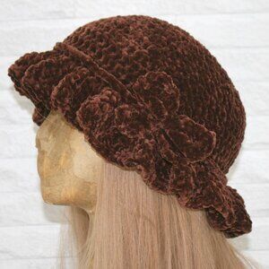 HAND CRAFTED Hat Crochet Bucket Chenille Winter Full Ruffle Brown Wide Brim